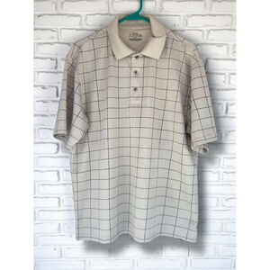 PGA Tour Mens Large Beige Windowpane Plaid Short Sleeve Golf Polo Shirt Sporty